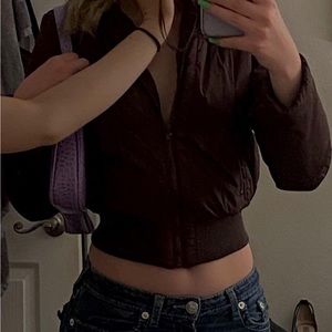 Brown Cropped puffer jacket with fur